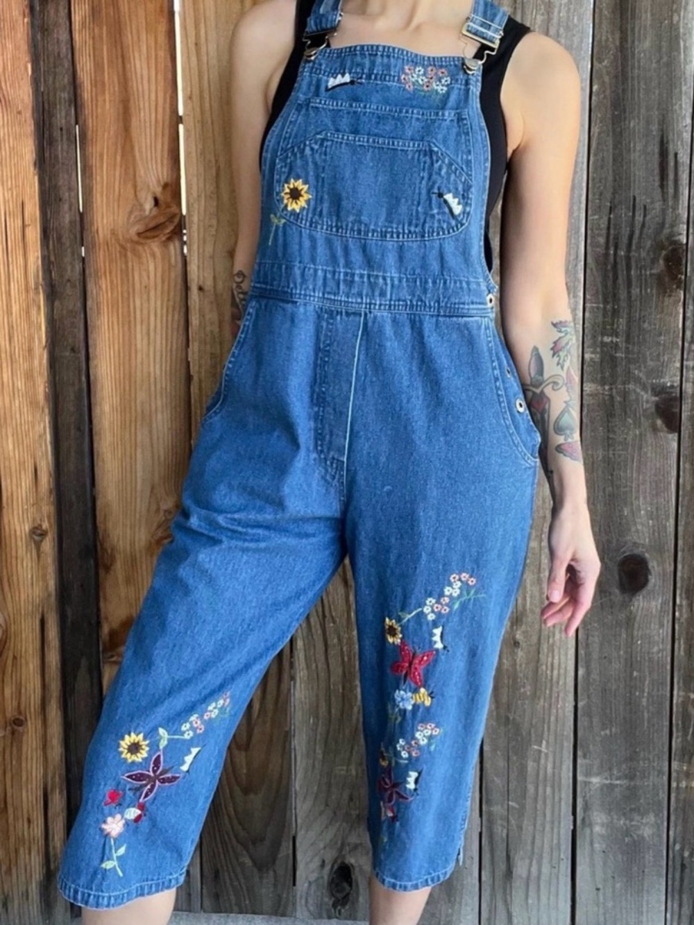 Agapo Floral Embroidered Capri Overalls Vintage 90’s size